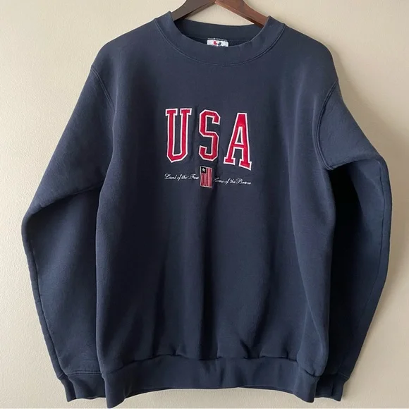 VTG Embroidered Heavyweight Navy Blue USA Sweatshirt L - Picture 1 of 6